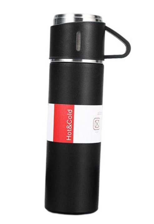 Stainless Steel and Vacuum Flask Bottle - Black (Set of 3 Cups).