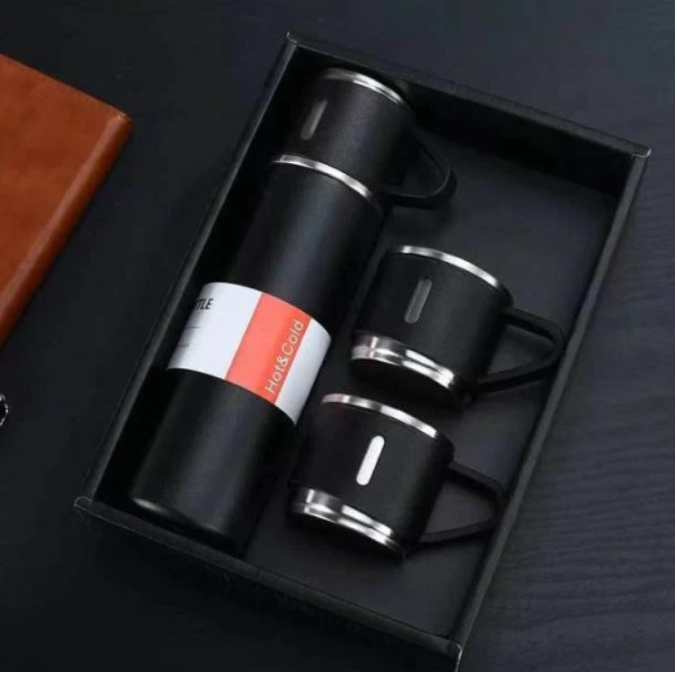 Stainless Steel and Vacuum Flask Bottle - Black (Set of 3 Cups).