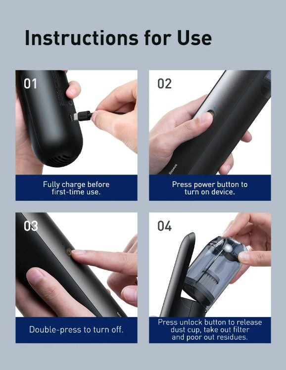 Baseus A1 Car Vacuum Cleaner 4000Pa Wireless Vacuum For Car Home Cleaning - Black.