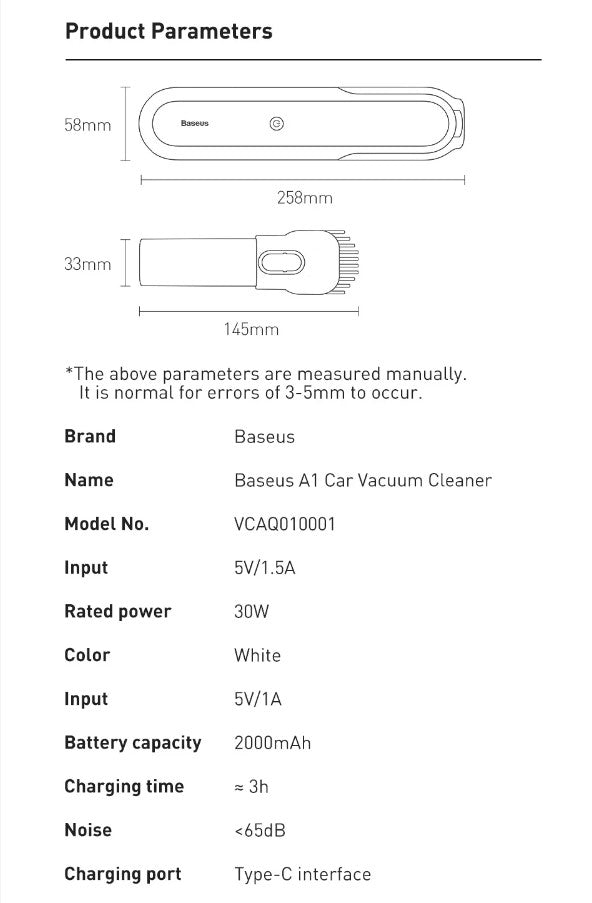 Baseus A1 Car Vacuum Cleaner 4000Pa Wireless Vacuum For Car Home Cleaning - Black.