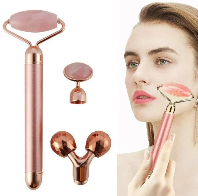 3 in1 Electric Vibrating Natural Rose Quartz Jade Facial Roller.