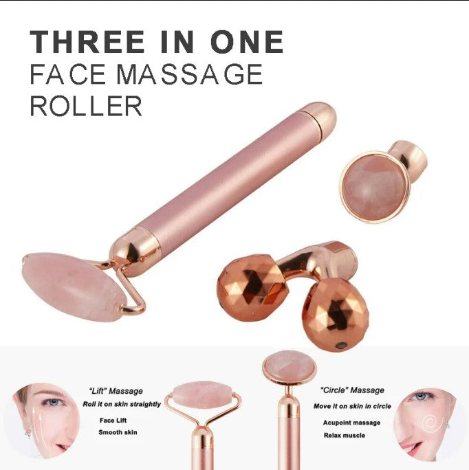 3 in1 Electric Vibrating Natural Rose Quartz Jade Facial Roller.