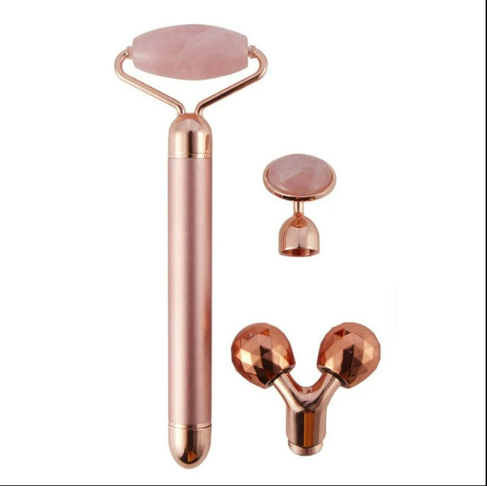 3 in1 Electric Vibrating Natural Rose Quartz Jade Facial Roller.