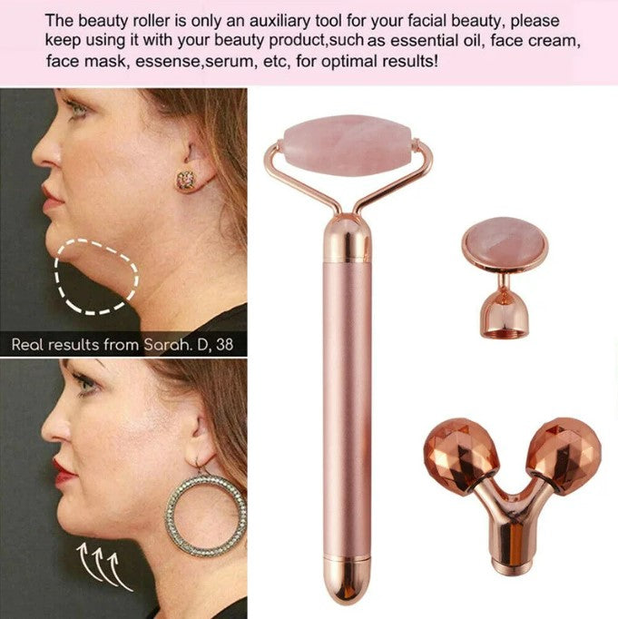 3 in1 Electric Vibrating Natural Rose Quartz Jade Facial Roller.