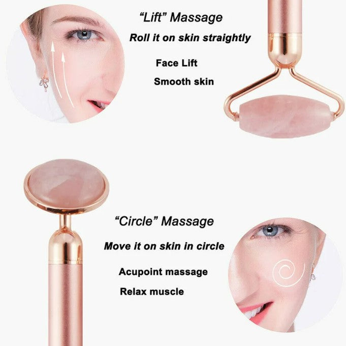 3 in1 Electric Vibrating Natural Rose Quartz Jade Facial Roller.