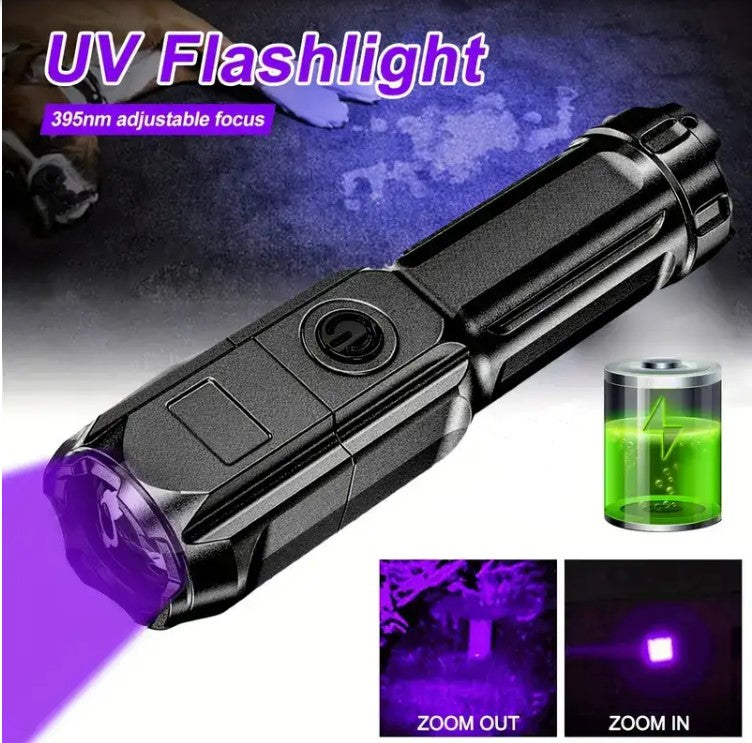 UV Flashlight UV395NM Rechargeable Torch 3 Modes.